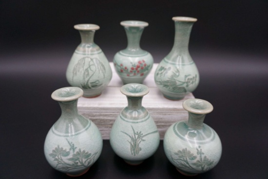 mini vases. 2 sets of 3 green celadon vases
