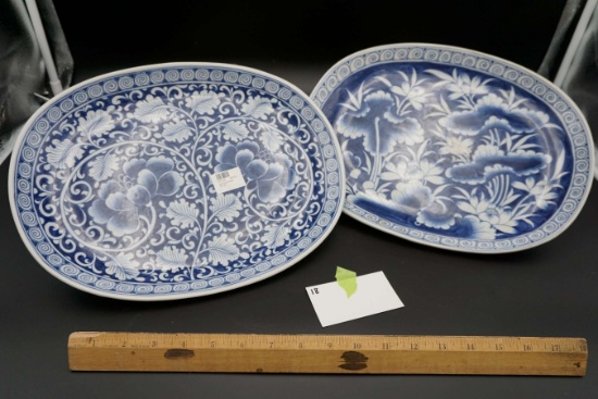 2 Blue & White Thai porcelain, hand-painted Oval Platters PC190