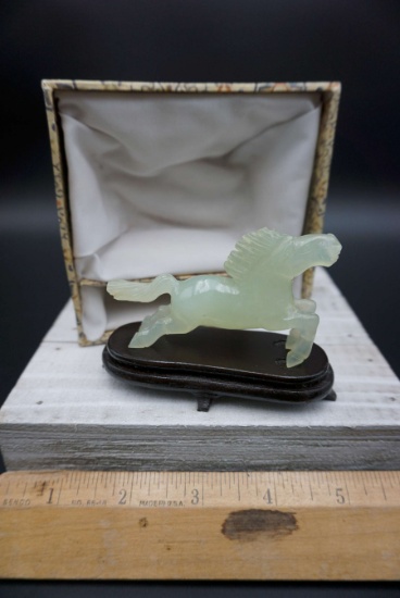 Chinese green jade horse with stand in original box