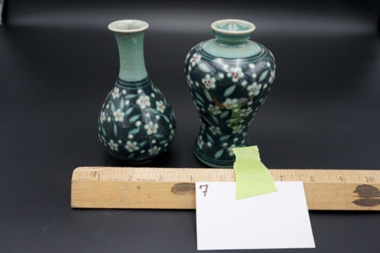 Pair of Male & Female 5 ¼ inch green celadon vases