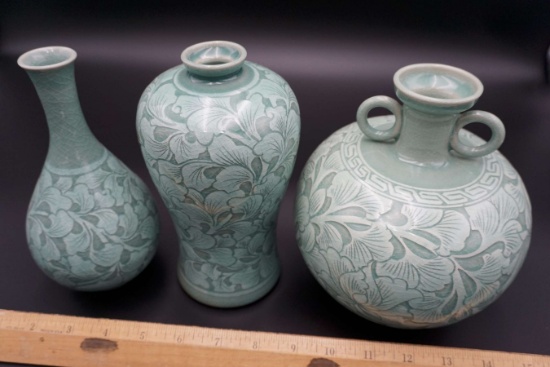 Set of 3 Celadon Vases