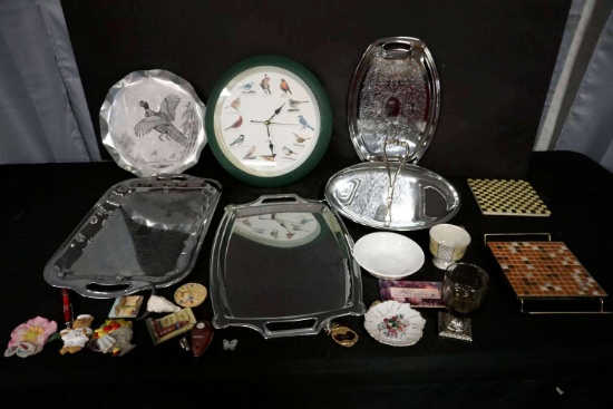 Silver Service Pieces, Bird clock, Trays, Glassware, Fridge Magnets