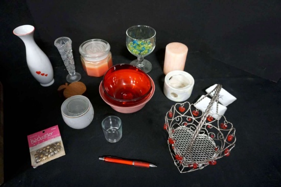 Glassware, Candles, Vases, Basket, Jewlery Box
