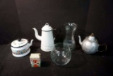 Enamel Tea Pots, Glassware, Vases