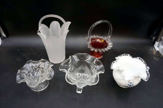 Assorted glassware and glass baskets.