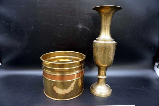 Brass vase and bucket.