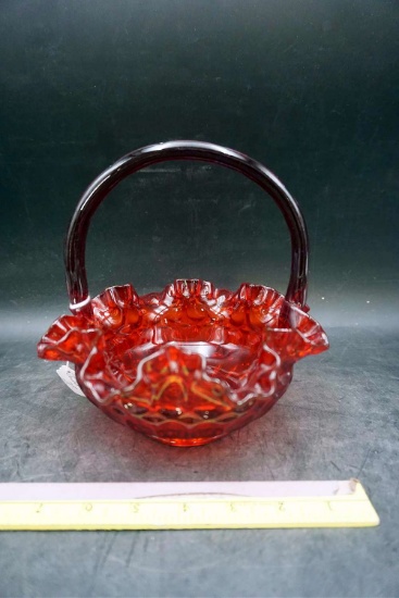 Fenton Red Thumbprint basket, handle is snapped.
