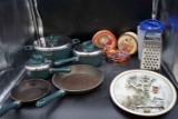 Pots, pans, cheese grater, tins, and more.