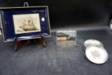 Plastic sailboat tray, playing cards, Pewter Viking coasters.