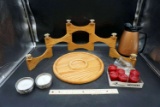 Candle holder, wooden circle, coasters, candles, air pot.