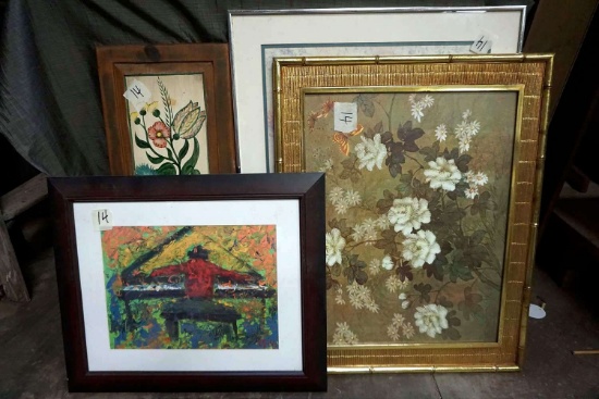 Wall art, floral, piano man, and more floral.