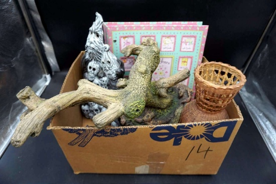 Halloween sculpture, decor, basket, frames.