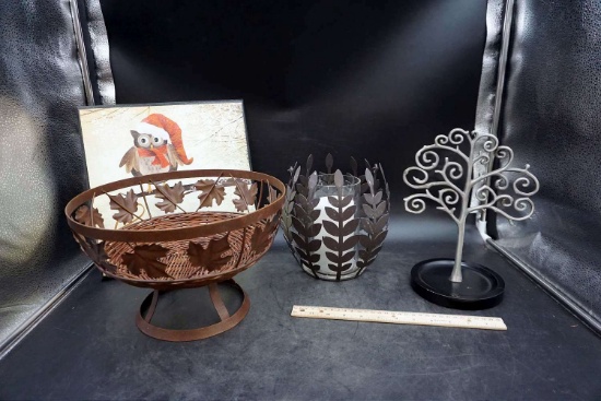 Candle holder, basket, jewelry holder, owl artwork.