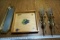 Serving tray, wall sconce candle holders, mirror.