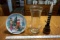 Candle stick, glass vase, Christmas plate.
