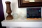 wood turned candle stick, glassware, grandma picture frame.