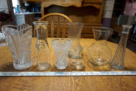 Assorted glass vases and milk Bottle.