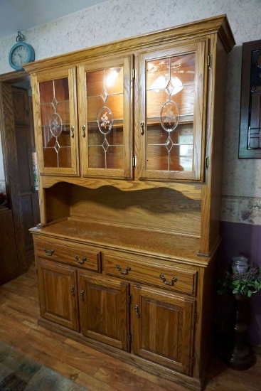 lighted Hutch with lead glass doors. Two pieces. Could be a buffet.