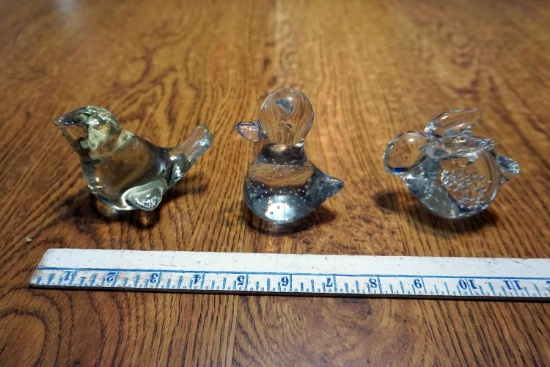 Three crystal animal figurines, paperweights.