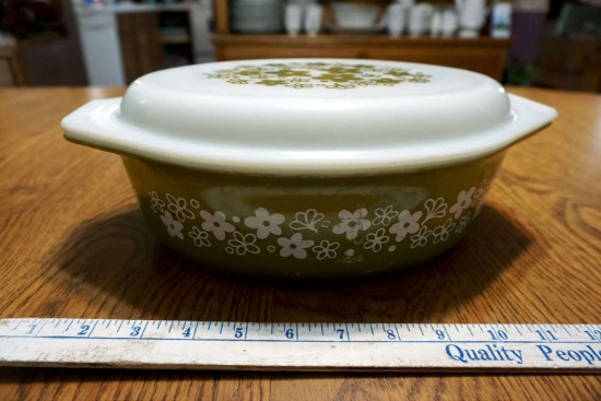 Green Floral Pyrex casserole with matching lid.