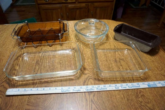 Glass baking dishes, Pyrex, bread pans.