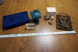Blue glass candy dish with lid, cherished, teddies figurine, artwork, linen.