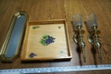 Serving tray, wall sconce candle holders, mirror.