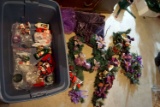 Tote of Christmas decor, Garland, ornaments, figurines, stockings, candles, and more.
