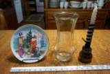 Candle stick, glass vase, Christmas plate.