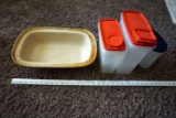 Stone casserole, Tupper Ware containers.