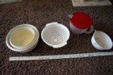 Strainers, bowls, measuring bowl.