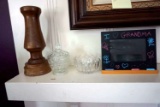 wood turned candle stick, glassware, grandma picture frame.
