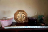 Basket, happy anniversary carving, candle, vase with beads, glass sister ornament.