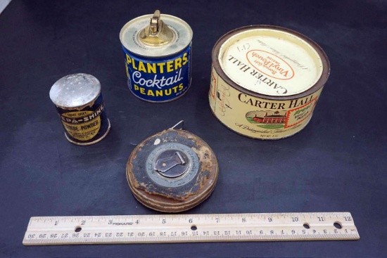 Planters peanuts can lighter. Tape measure, vintage cans.
