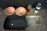 Glass pans, roaster pan, mugs, bowls.