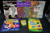 coloring books and art supplies.