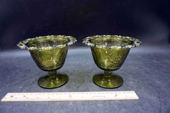 Green anchor Hocking footed bowls with lattice.