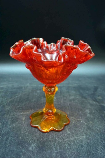 Yellow and red ruffled footed bowl. Fenton