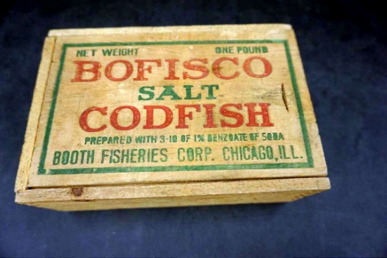 Antique cod fish box. Advertising.