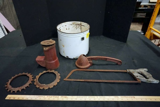 Enamel, saw, gears, tools