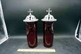 Church altar candle holders with Ruby Glass and toppers.