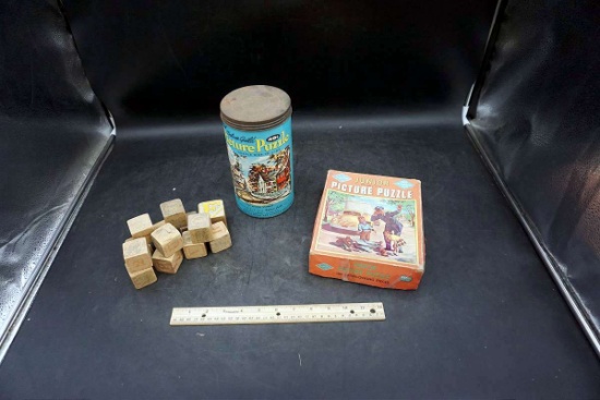 Puzzles, wooden letter blocks.