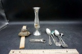 Cutlery, vase, lighter, lamp parts.