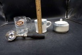 Ice cream scoop, a&w mug, coffee cup, jar with lid.