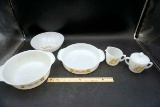 Fireking casseroles, bowl, cream and sugar. Wheat pattern.