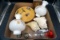 Glass lamp shades, keys, conch shells, art work.