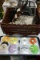 Heavy duty brown tote, eagle figurines, artwork, Binder full of CDs. Desk organizers, lumbar support