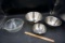 Stainless nesting bowls, fire king casserole with lid.