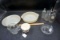 Plates, pie, plate, juicer, bottles, glassware.