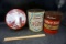Vintage coffee cans, peanut cans, pheasant metal canister.